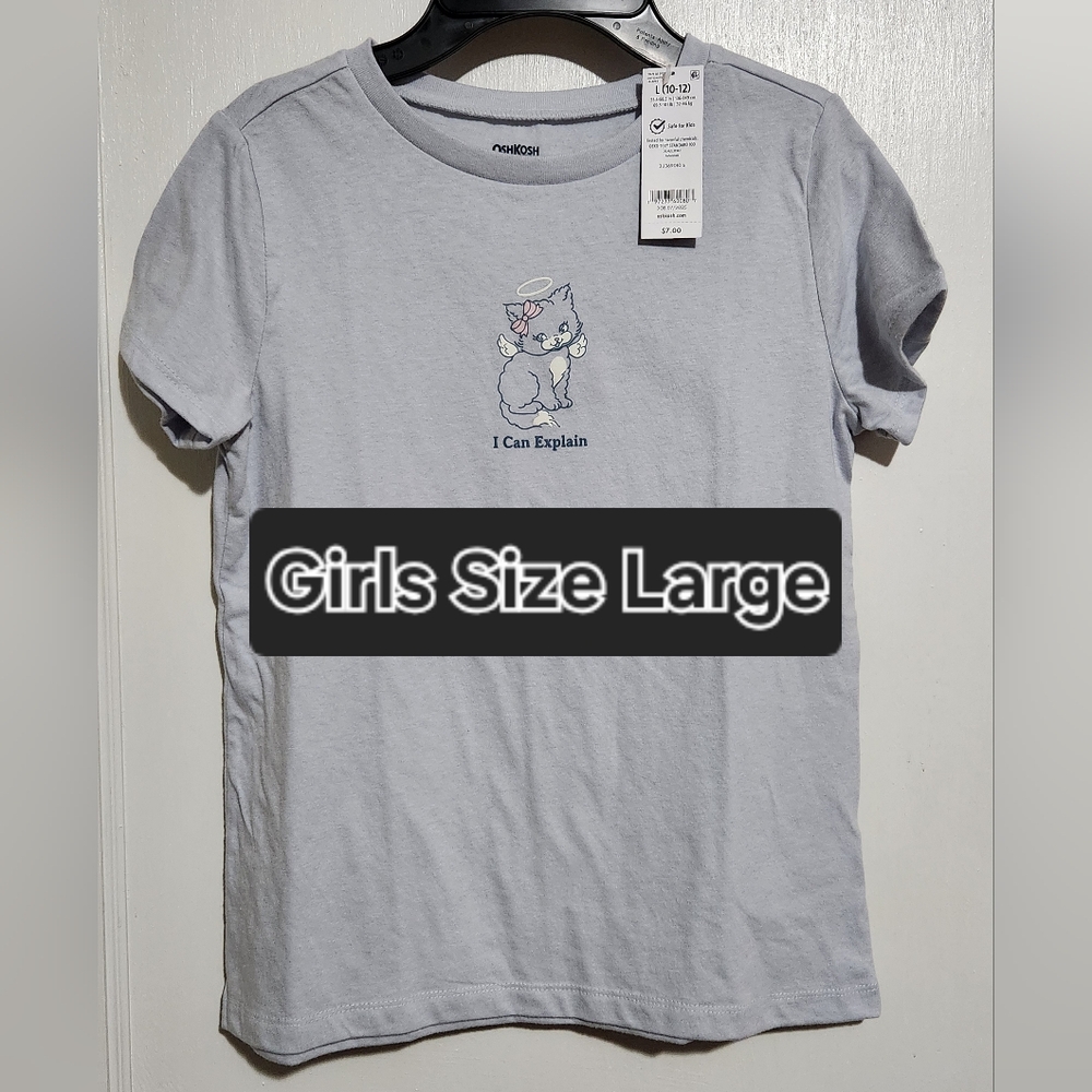 OshKosh Girls Size Large 10-12 Short Sleeve Cat Shirt
